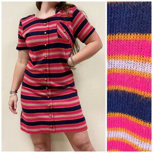 Vintage 70s Handmade Striped Mod Knit Sweater Shift Dress | Size M/L